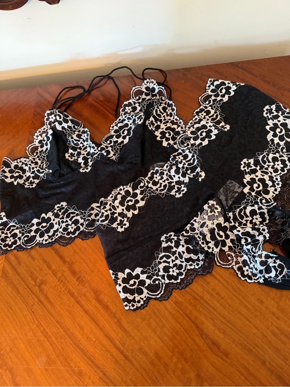 Lace Bralette and Shorts Set with White Floral Trim - Black